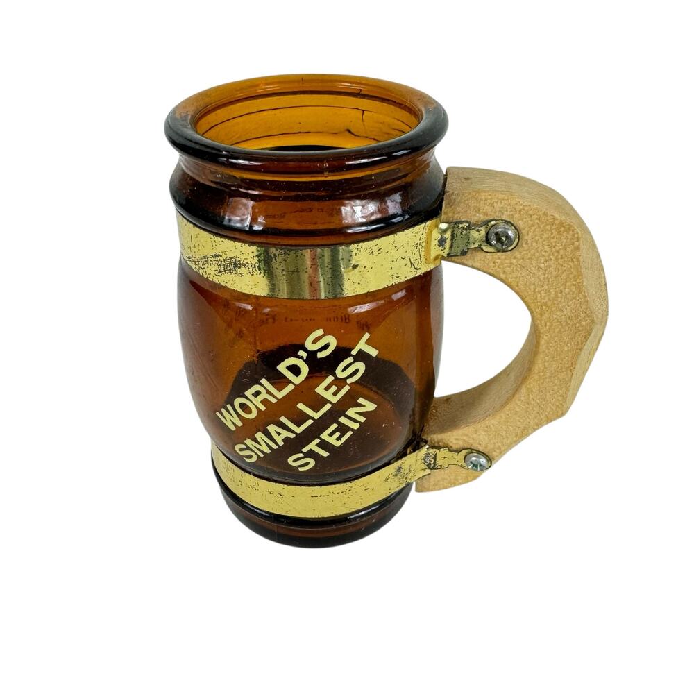 Vintage Brown Glass Barrel Wooden Handled World's Smallest Stein